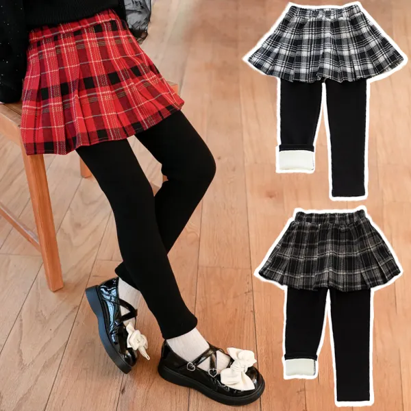 【2Y-10Y】Girls Casual Plush Keep Warm Pleated Plaid Culottes - Popopieshop.com 
