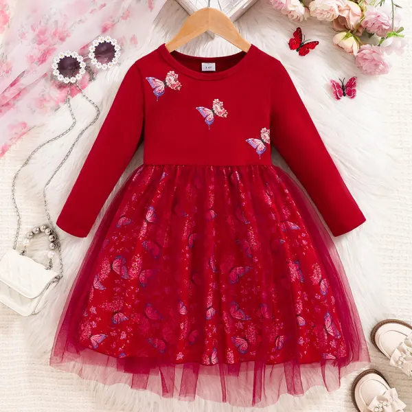 【3Y-10Y】Girls Sweet Butterfly Printe Spliced ​​Mesh Long Sleeve Dress - Popopieshop.com 