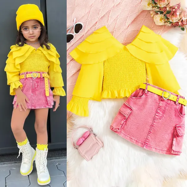 【3Y-7Y】3-piece Girls Fashion Multi-layered Shawl Long Sleeve Top And Pink Denim Skirt Set With Belt - Popopieshop.com 