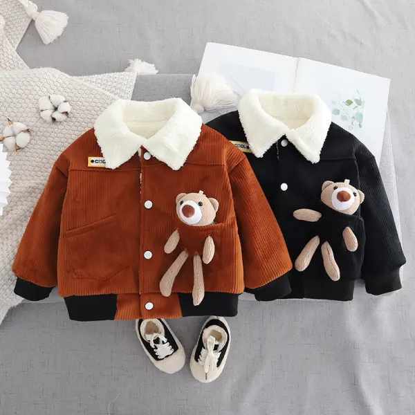 【12M-5Y】Boys Casual Bear Pocket Corduroy Plush Keep Warm Lapel Coat - Popopieshop.com 