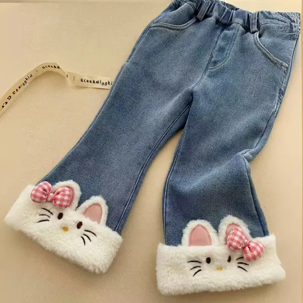 【18M-6Y】Girls Thick Fleece Plush Cat Embroidered Jeans - Popopieshop.com 