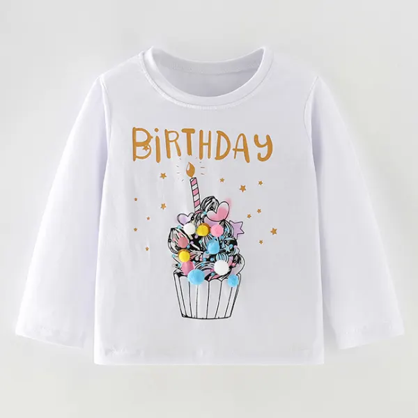 【1Y-8Y】Girls Cute Birthday Cake And Letter Print White Long Sleeve T-shirt - Popopieshop.com 
