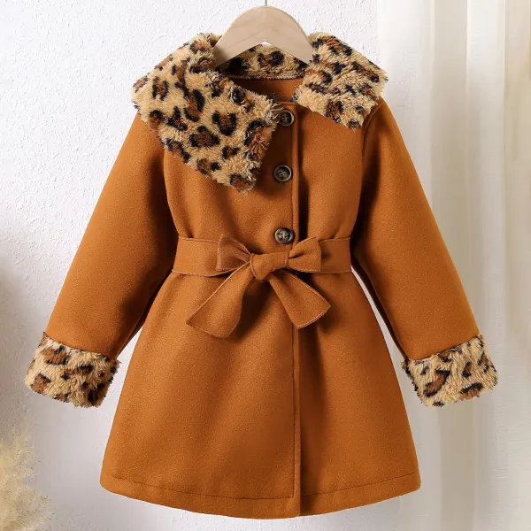 【3Y-7Y】Girls Stylish Leopard Print Lapel Brown Tweed Jacket - Popopieshop.com 