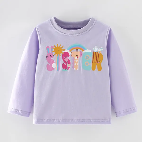 【1Y-8Y】Girls Cute Letter Print Purple Long Sleeve T-shirt - Popopieshop.com 