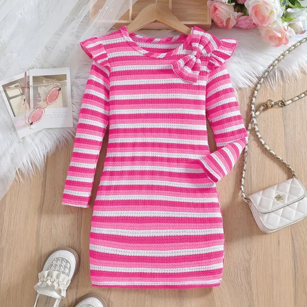【3Y-7Y】Girls Sweet And Stylish Pink Striped Long Sleeve Dress - Popopieshop.com 