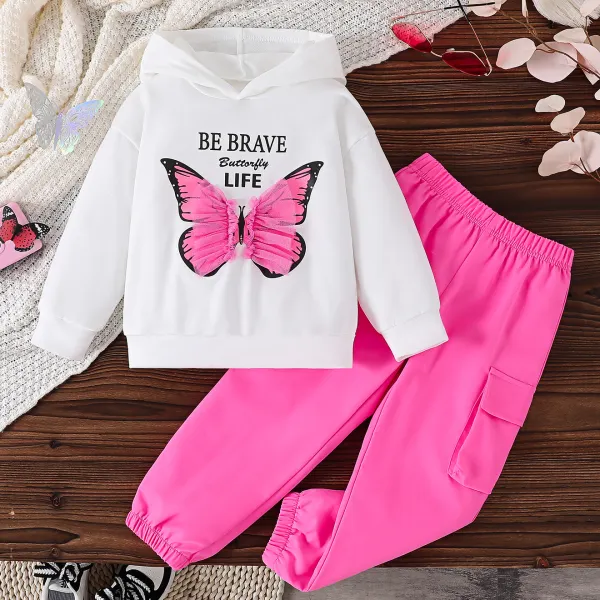 【3Y-7Y】2-piece Girls Stylish Butterfly Print White Sweatshirt And Rose Pants Set - Popopieshop.com 
