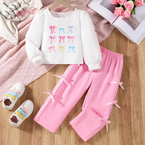 【3Y-7Y】2-piece Girls Sweet Bow Print White T-shirt And Pink Pants Set - Popopieshop.com 