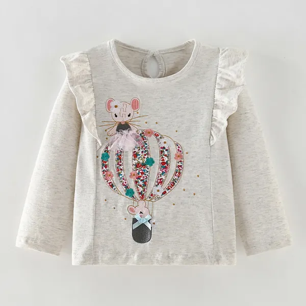 【1Y-8Y】Girls Cute Cartoon Animals And Hot Air Balloons Embroidered Light Gray Long Sleeve T-shirt - Popopieshop.com 