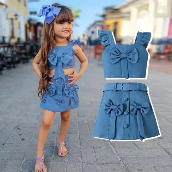 【18M-6Y】2-piece Girls Stylish Bow Design Blue Short Top And Skirt Set - Popopieshop.com 