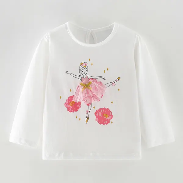 【1Y-8Y】Girls Cute Flower And Cartoon Girl Print White Long Sleeve T-shirt - Popopieshop.com 