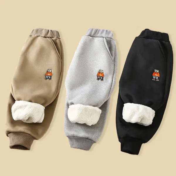 【12M-10Y】Boys Bear Embroidered Fleece Keep Warm Casual Pants - Popopieshop.com 