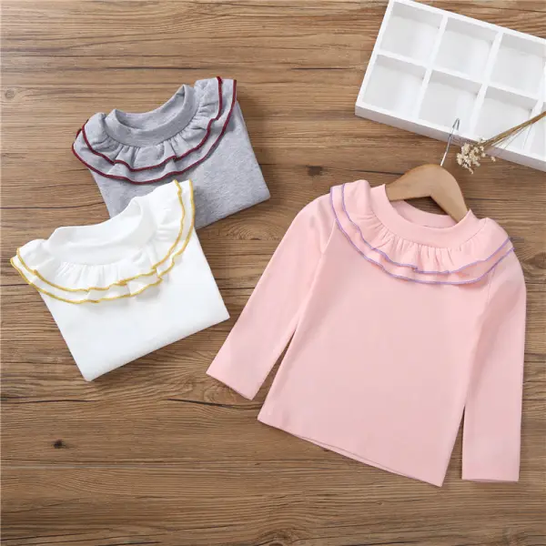 【18M-6Y】Girls Casual Cotton Solid Color Ruffled Long Sleeve T-shirt - Popopieshop.com 