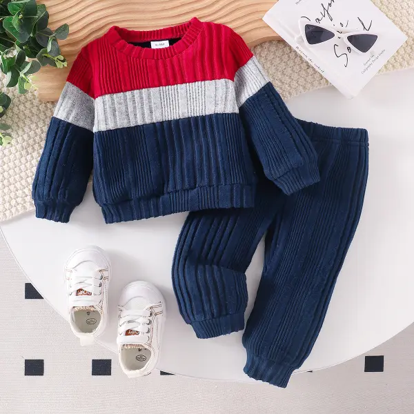 【6M-3Y】2-piece Baby Boys Casual Colorblock Crewneck Sweatshirt And Pants Set - Popopieshop.com 