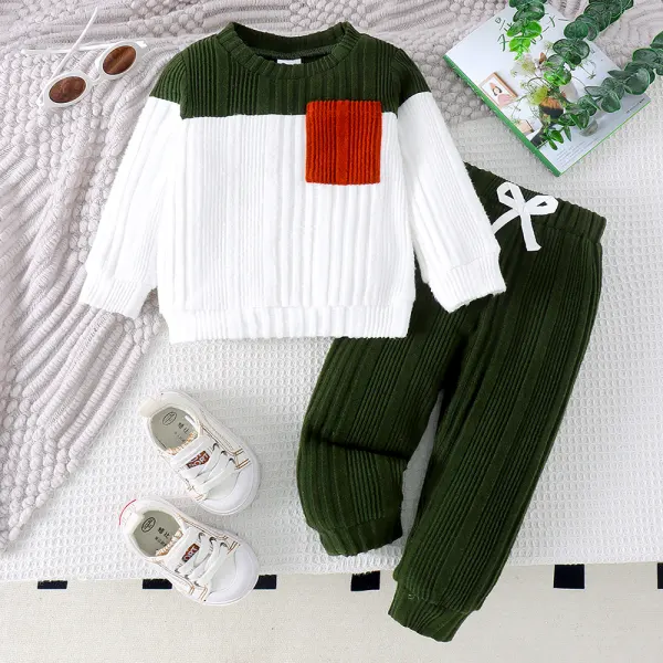 【6M-3Y】2-piece Baby Boys Casual Colorblock Round Neck Sweatshirt And Pants Set - Popopieshop.com 