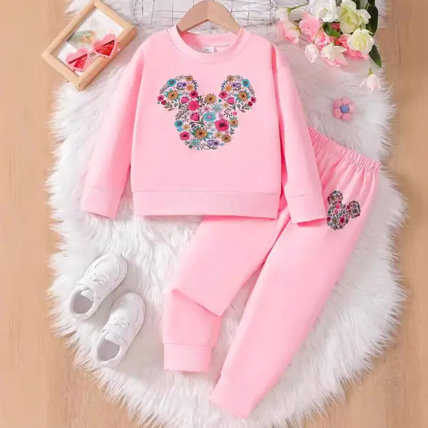 【3Y-8Y】2-piece Girls Pink Cartoon Print Long Sleeve Sweatshirt And Pants Set - Popopieshop.com 