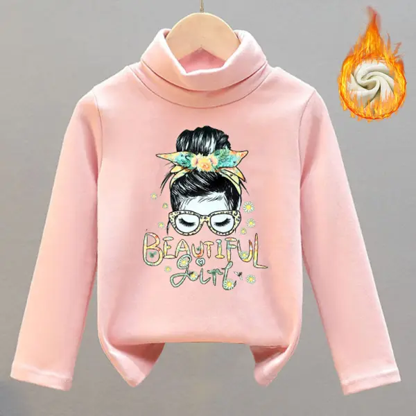 【18M-8Y】Girls Thick Fleece Cartoon Print Turtleneck Long Sleeve T-shirt - Popopieshop.com 