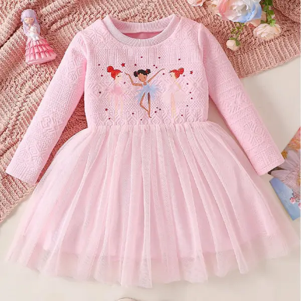 【2Y-8Y】Girls Pink Cartoon Print Long Sleeve Mesh Dress - Popopieshop.com 