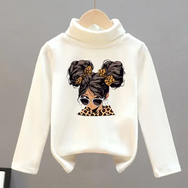 【18M-8Y】Girls Thick Fleece Cartoon Print Turtleneck Long Sleeve T-shirt - Popopieshop.com 
