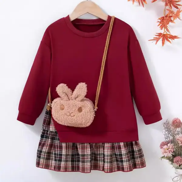 【2Y-8Y】2-piece Girls Plaid Ruffle Long Sleeve Dress With Bag - Popopieshop.com 