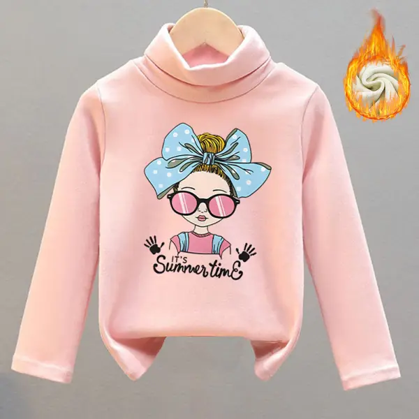【18M-8Y】Girls Thick Fleece Cartoon Print Turtleneck Long Sleeve T-shirt - Popopieshop.com 