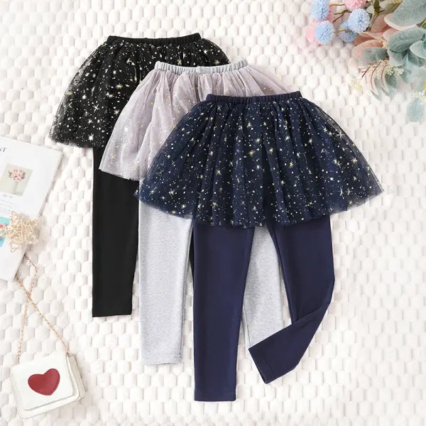 【2Y-10Y】Girls Star Mesh Fake Two Piece Leggings - Popopieshop.com 
