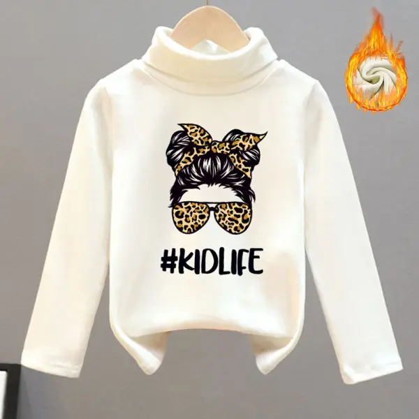 【18M-8Y】Girls Thick Fleece Cartoon Print Turtleneck Long Sleeve T-shirt - Popopieshop.com 