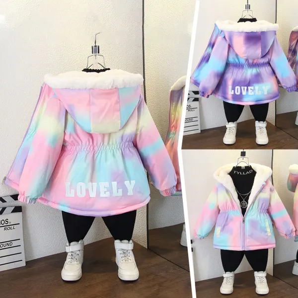 【18M-8Y】Girls Stylish Letters And Tie-Dye Print Padded Fleece Hooded Jacket - Popopieshop.com 