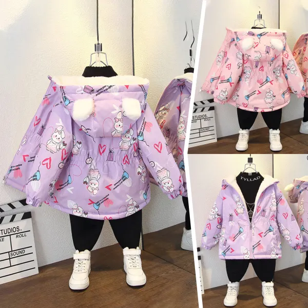 【18M-8Y】Girls Cute Bunny Print Padded Fleece Hooded Jacket - Popopieshop.com 