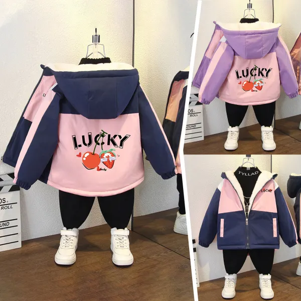 【18M-8Y】Girls Cute Letters And Cherry Print Padded Fleece Hooded Jacket - Popopie.com 