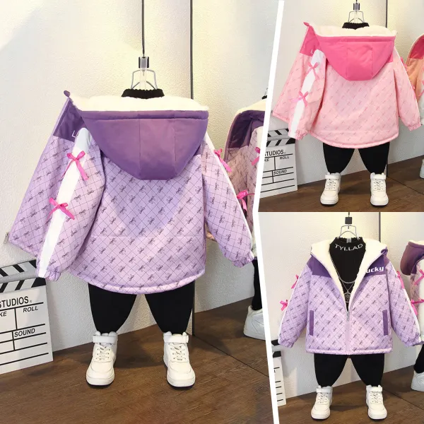 【18M-8Y】Girls Fashion Bow Print Padded Fleece Hooded Jacket - Popopieshop.com 