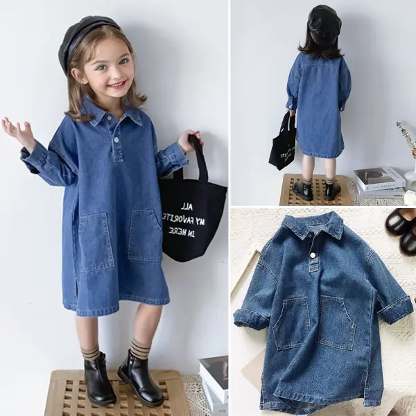 【18M-8Y】Girls Lapel Long Sleeve Denim Dress - Popopieshop.com 