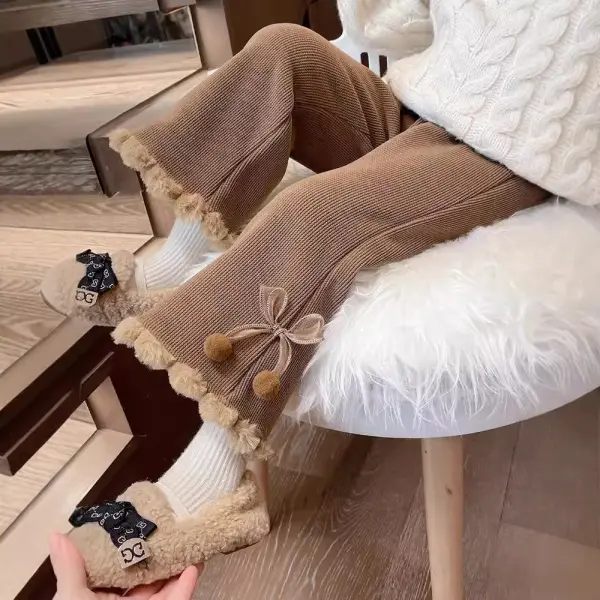 【18M-7Y】Girls Fashionable Fur Ball Design Padded Fleece Corduroy Pants - Popopieshop.com 