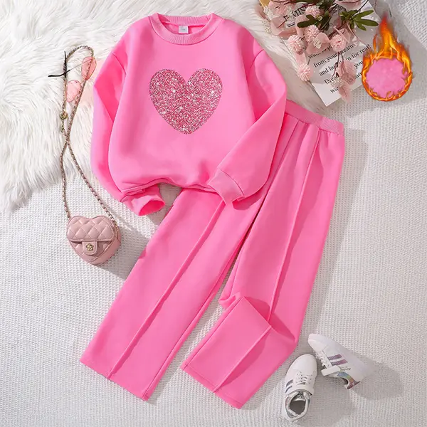 【7Y-12Y】2-piece Girls Stylish Heart Shape Printed Sweatshirt And Pants Set - Popopieshop.com 