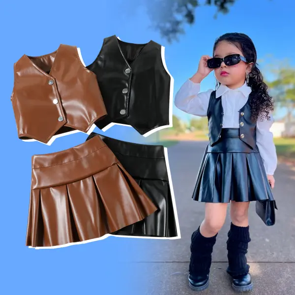 【18M-6Y】2-piece Girls Fashionable PU Vest And Pleated Skirt Set - Popopieshop.com 