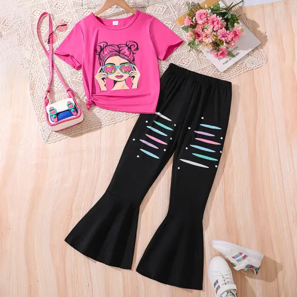 【7Y-12Y】2-piece Girls Fashionable Cartoon Printed T-shirt And Pants Set - Popopieshop.com 