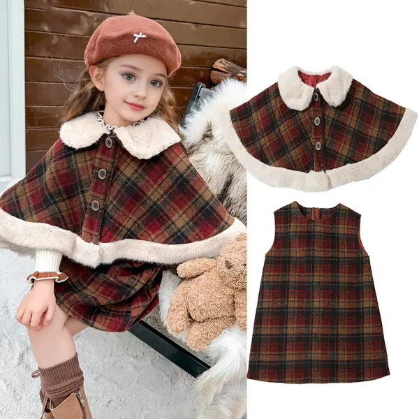 【18M-8Y】2-piece Girls Fashion Tweed Plaid Keep Warm Lapel Shawl And Sleeveless Dress Set - Popopieshop.com 