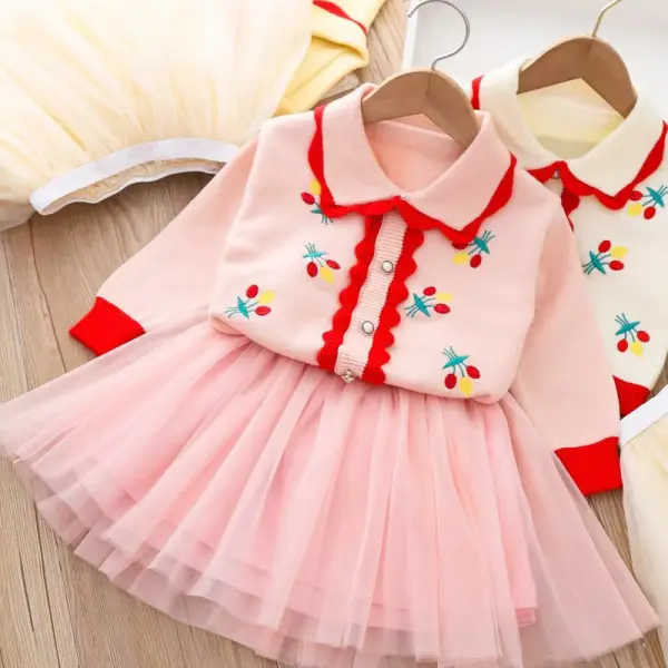 【12M-5Y】2-piece Girls Sweet Floral Embroidery Lapel Sweater And Mesh Puff Skirt Set - Popopieshop.com 