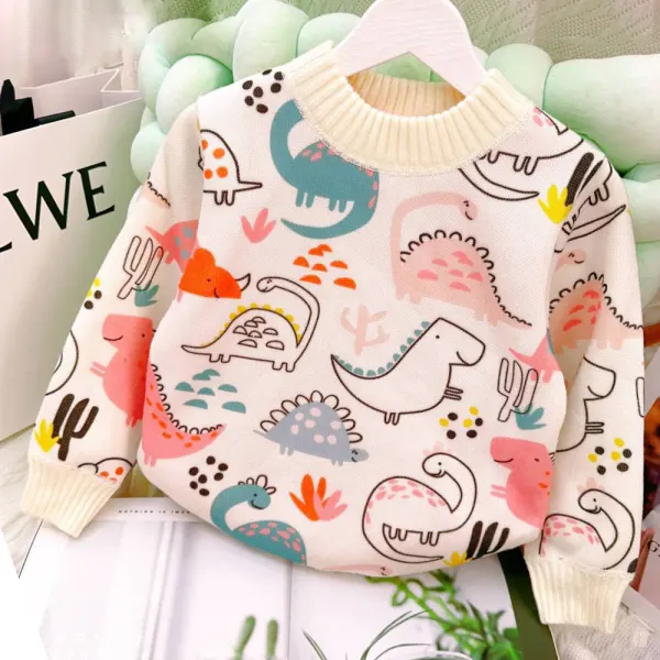 【18M-12Y】Girls Cute Dinosaur Crocodile Print Plush Keep Warm Round Neck Sweater - Popopieshop.com 