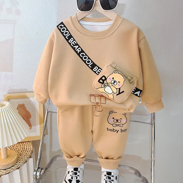 【12M-5Y】2-piece Boys Cute Letter Bear Pocket Round Neck Sweatshirt And Pants Set - Popopieshop.com 