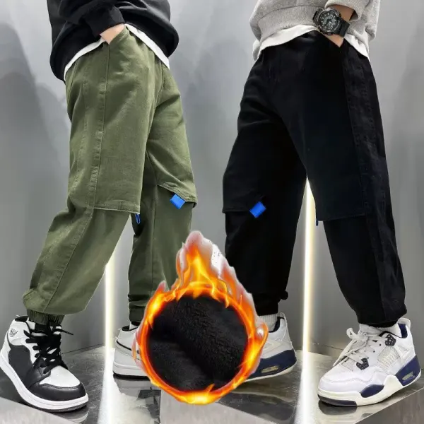 【4Y-15Y】Boys Casual Solid Color Plush Keep Warm Loose Overalls - Popopieshop.com 