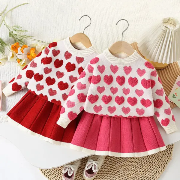 【18M-6Y】2-piece Girls Sweet Heart Jacquard Round Neck Sweater And Pleated Skirt Set - Popopieshop.com 
