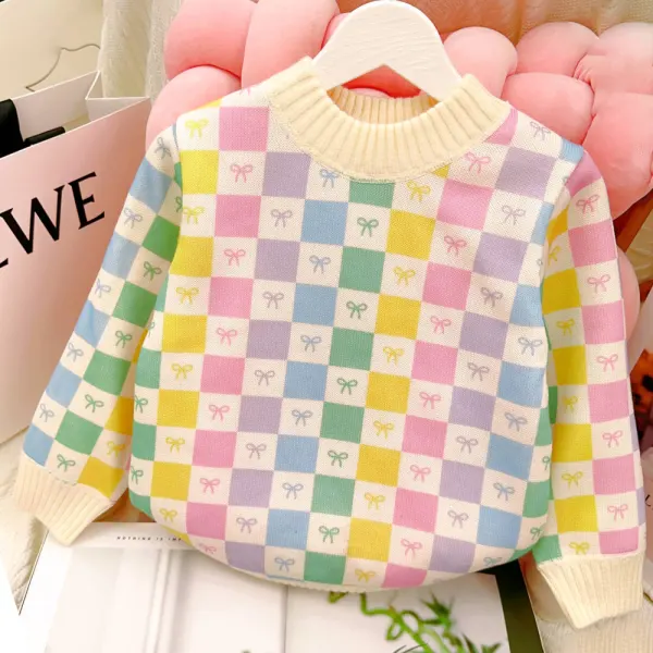 【18M-12Y】Girls Sweet Colorful Plaid Bowknot Print Plush Keep Warm Round Neck Sweater - Popopieshop.com 