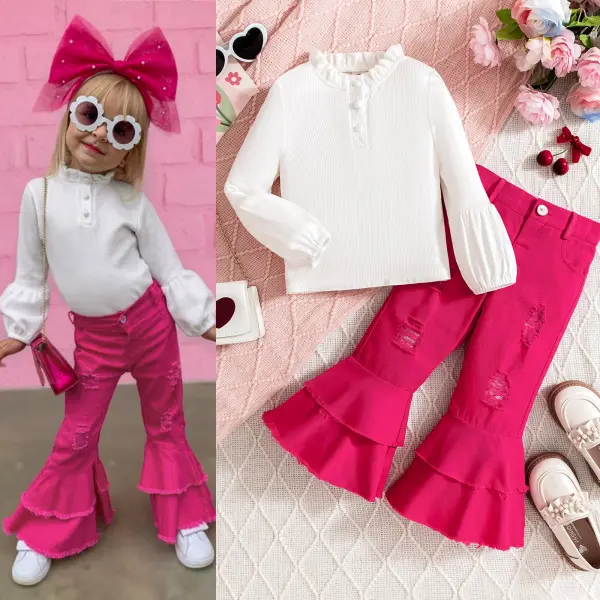 【18M-6Y】2-piece Girls Fashion White Lantern Sleeve Top And Rose Red Flared Pants Set - Popopieshop.com 