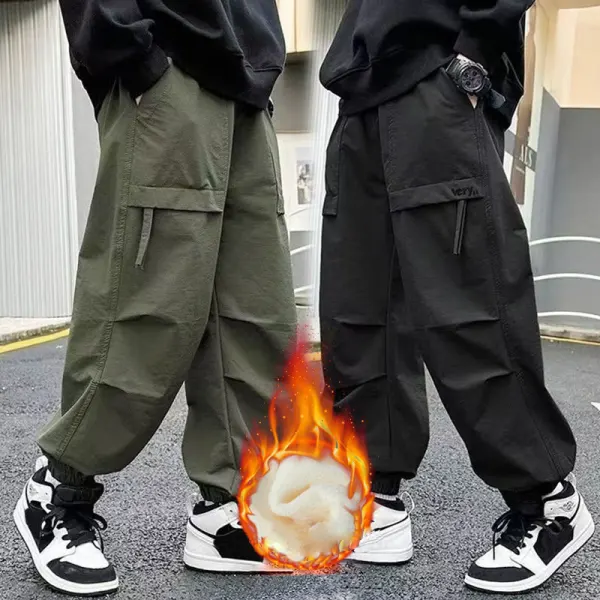 【4Y-15Y】Boys Casual Solid Color Plush Keep Warm Loose Overalls - Popopieshop.com 