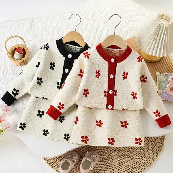 【18M-6Y】2-piece Girls Sweet Floral Jacquard Round Neck Sweater And Pleated Skirt Set - Popopieshop.com 