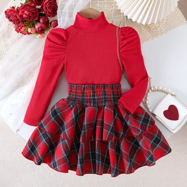 【2Y-7Y】2-piece Girls Fashion Red Puff Sleeve High Neck T-shirt And Plaid Ruffle Skirt Set - Popopieshop.com 