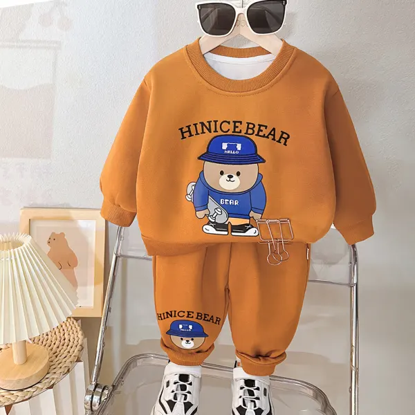 【12M-5Y】2-piece Boys Cute Bear Print Round Neck Sweatshirt And Pants Set - Popopieshop.com 