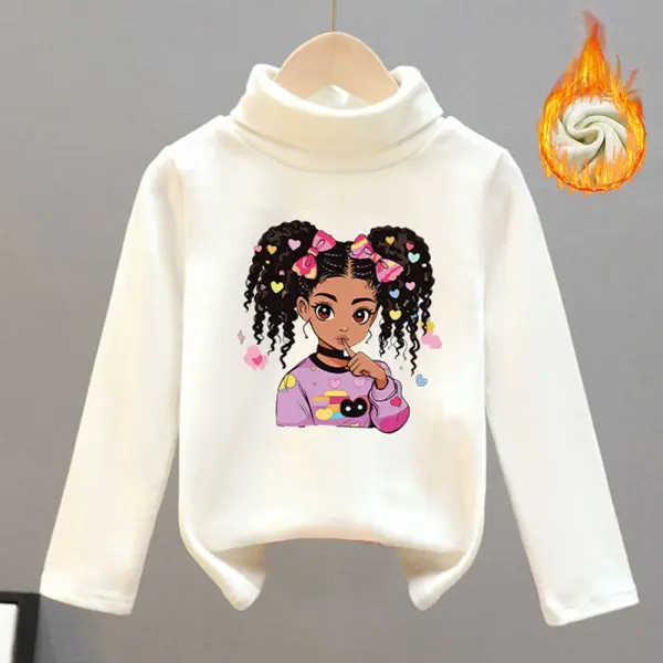 【18M-8Y】Girls Thick Fleece Cartoon Print Turtleneck Long Sleeve T-shirt - Popopieshop.com 