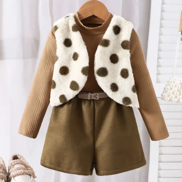 【2Y-7Y】2-piece Girls Brown Long Sleeve T-shirt And Polka Dot Faux Fur Vest And Tweed Shorts Set - Popopieshop.com 
