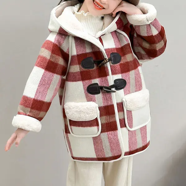【18M-8Y】Girls Thick Fleece Plaid Hooded Tweed Coat - Popopieshop.com 